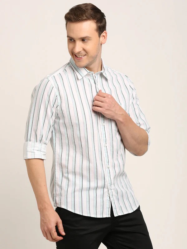 Indian Terrain Men's Slim Fit Full Sleeve Striped White Shirt